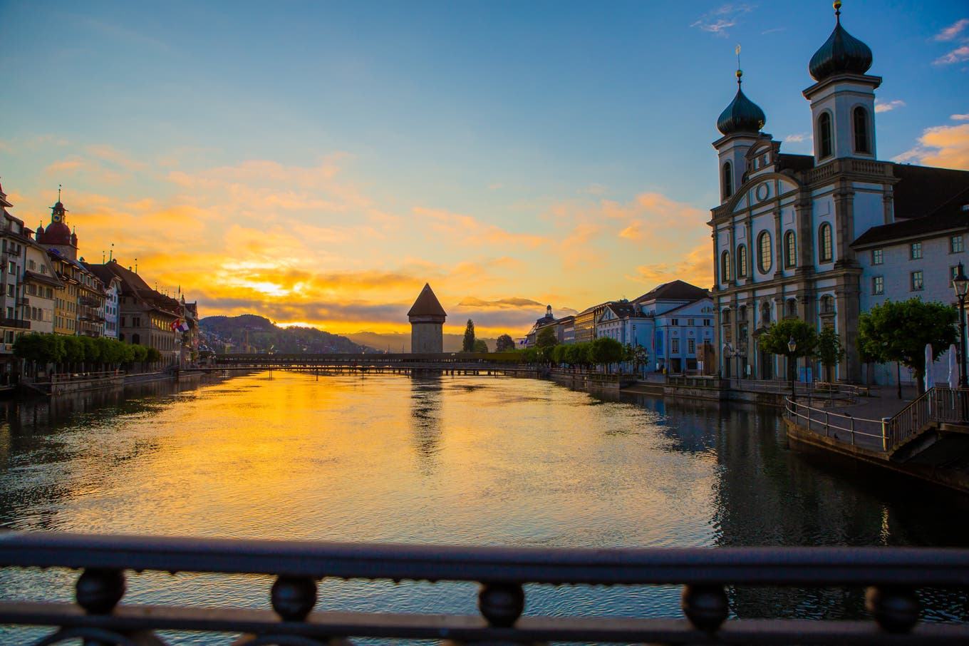 Rooftops and spires of Lucerne's old town by the lake