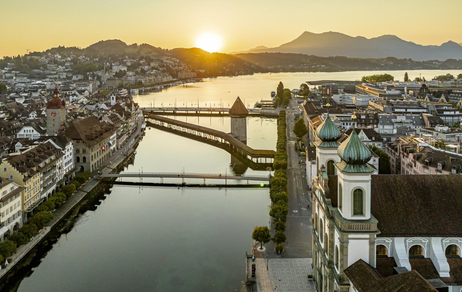 Panorama of Lucerne on its lake with mountains beyond